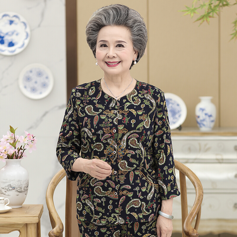 老年人女妈妈两件套衣服奶奶夏装套装6070岁80老人棉绸上衣裤子