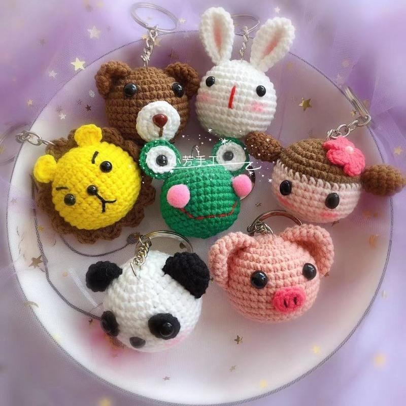 成品手工毛线编织卡通动物头小兔子小熊挂件钥汽车匙扣礼物爱心挂件