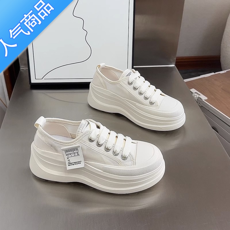 SUNTEK帆布鞋女夏季2023年新款松糕厚底女鞋薄款网面小白鞋休闲运动板鞋高清大图