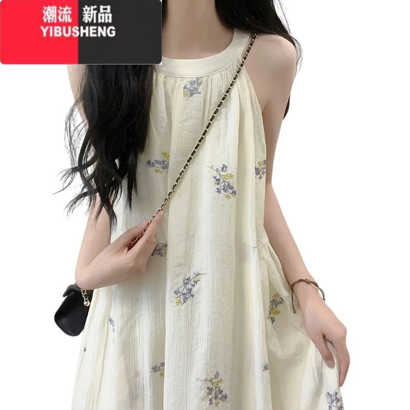 YIBUSHENG铃兰花挂脖连衣裙子女2024季新款法式露肩无袖海边度假沙滩长裙