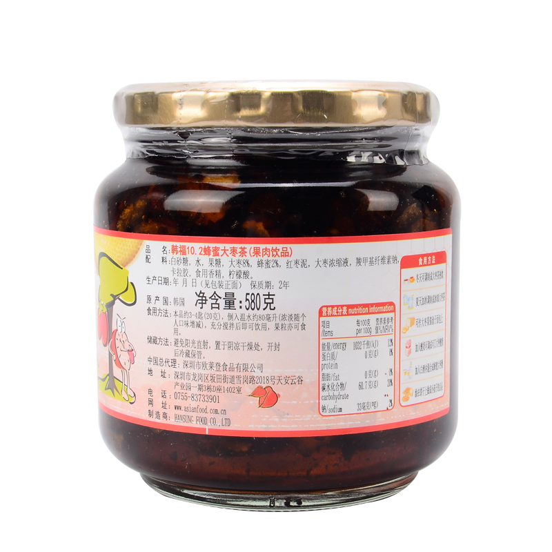 韩国原装进口 韩福10.2 蜂蜜大枣茶 冲饮罐装 580g/罐 果肉冲饮 果酱冲泡饮品 大枣茶 冲调即食饮品