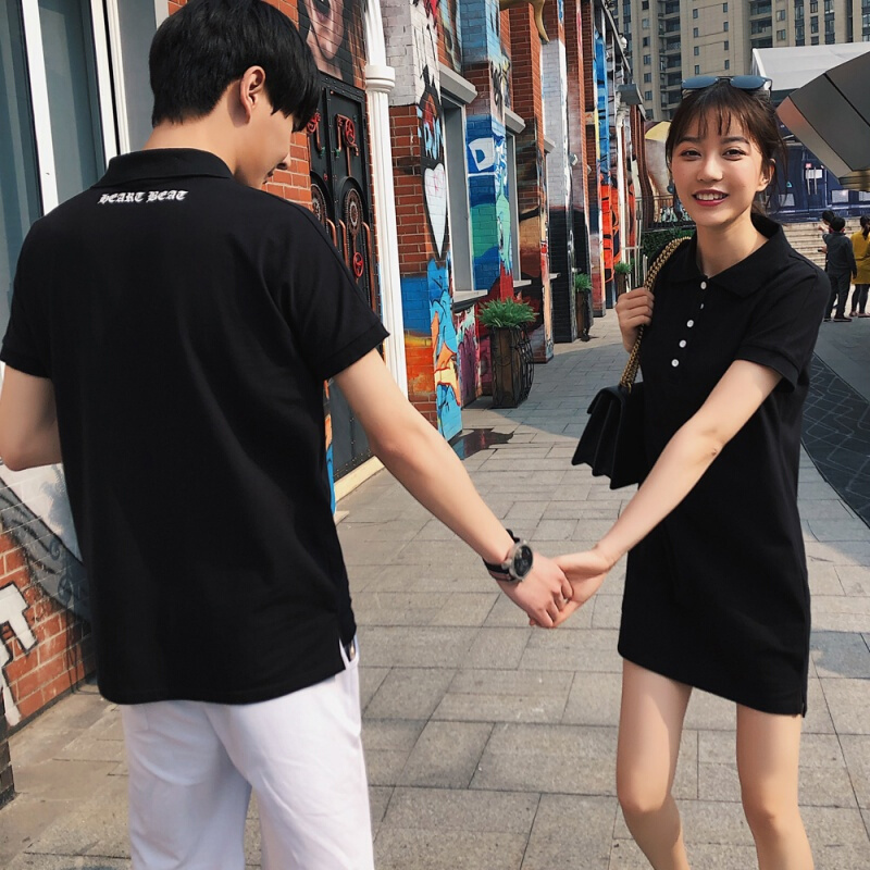 不一样的情侣装夏装套装2018新款气质polo裙夏款t恤衫短袖连衣裙黑色