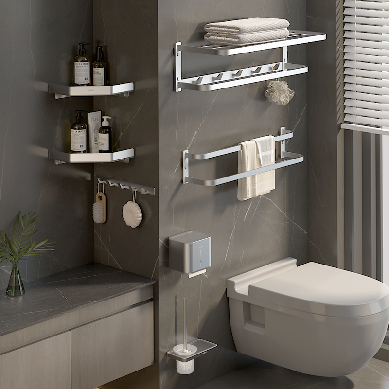 箭牌卫浴(ARROW)毛巾架银色轻奢浴巾架免打孔壁挂式毛巾架浴室置物架卫浴挂衣钩浴室卫生间置物架三角篮高清大图