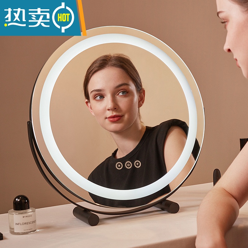 敬平化妆镜台式桌面led带灯补光充电梳妆台可旋转宿舍网红少女心ins风便携式用镜 40cm炫酷黑插电[模特尺寸]高清大图