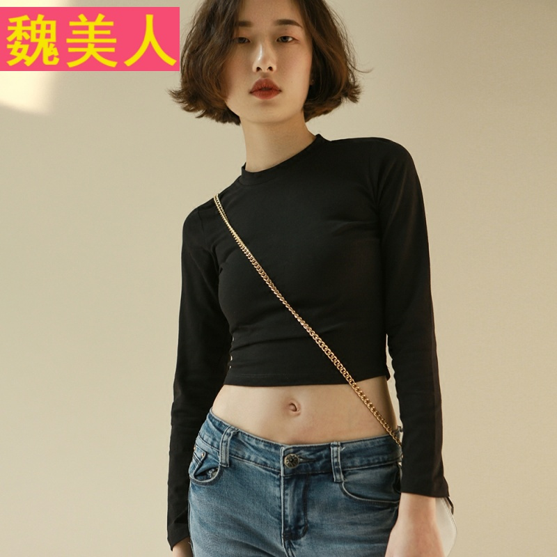 性感上衣棉短款露脐T恤女长袖紧身高腰韩国黑色漏脐打底衫秋外穿