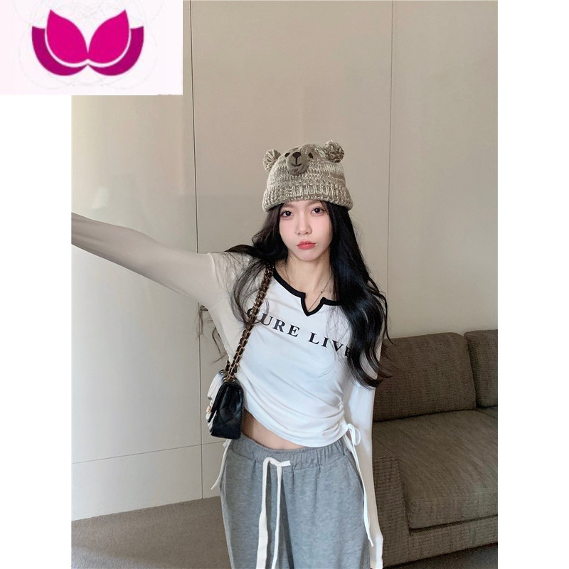 七斓大码胖MM美式复古薄款长袖衫T恤女2023新款字母显瘦短款上衣