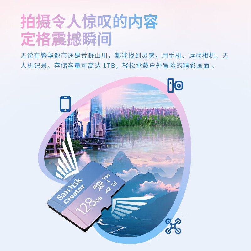 闪迪JBL创作者系列 储存卡TF卡V30大容量内存卡 128GB粉卡高清大图
