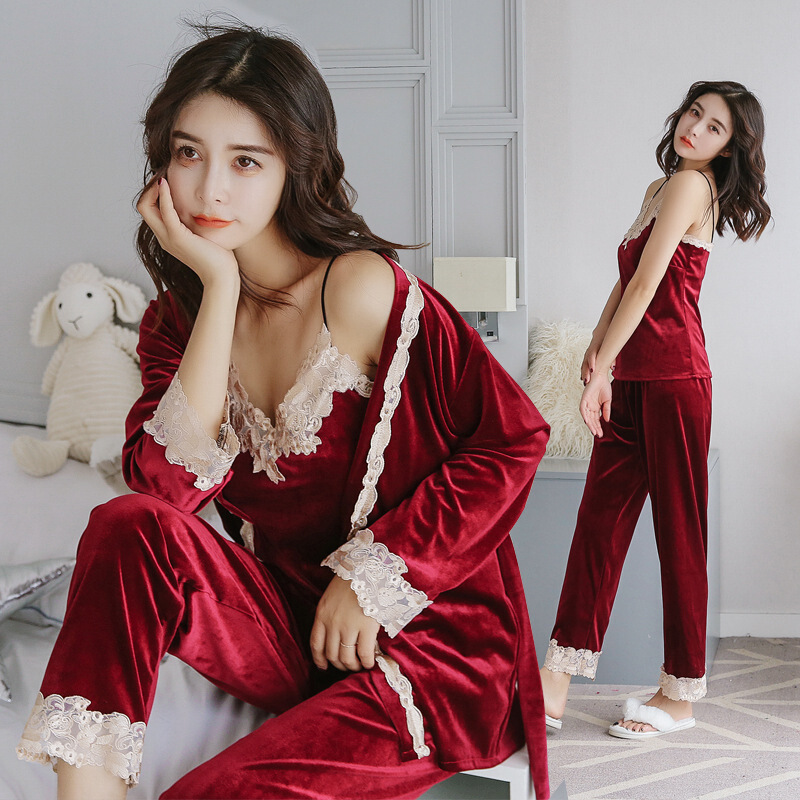 迪鲁奥（DILUAO)金丝绒睡衣女秋冬薄款宽松长袖家居服睡袍三件套珊瑚绒睡衣女春秋_977 XL(适合120-140斤) 金丝绒312波尔多红(3件套)
