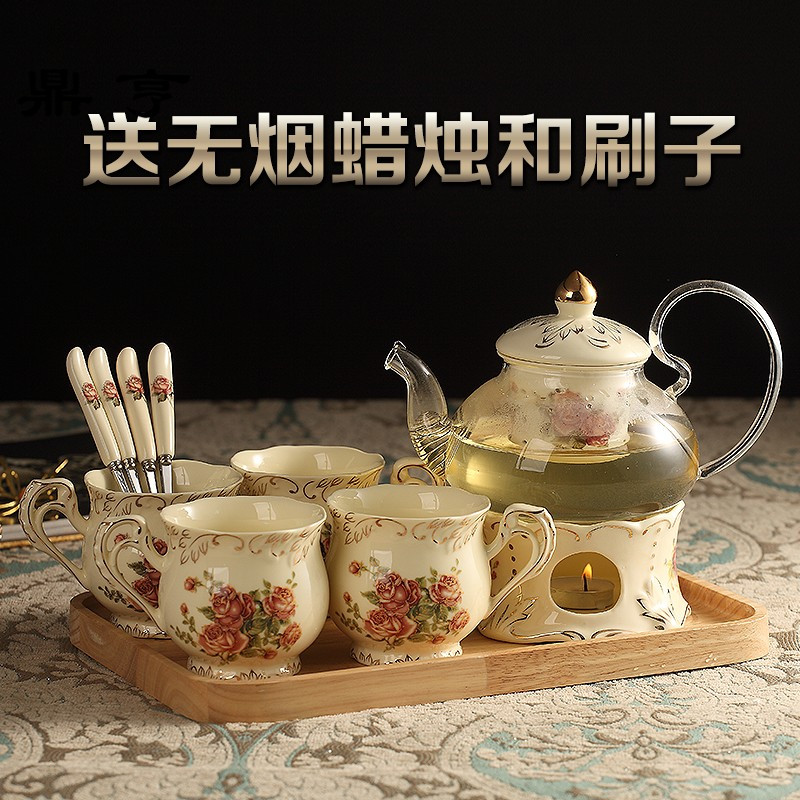 鼎亨花茶茶具套装家用欧式陶瓷蜡烛加热煮水果茶玻璃茶壶下午茶茶