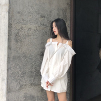 夏季一字领带漏肩长袖衬衫连衣裙女韩版宽松时尚中长款衬衣裙子白色均码