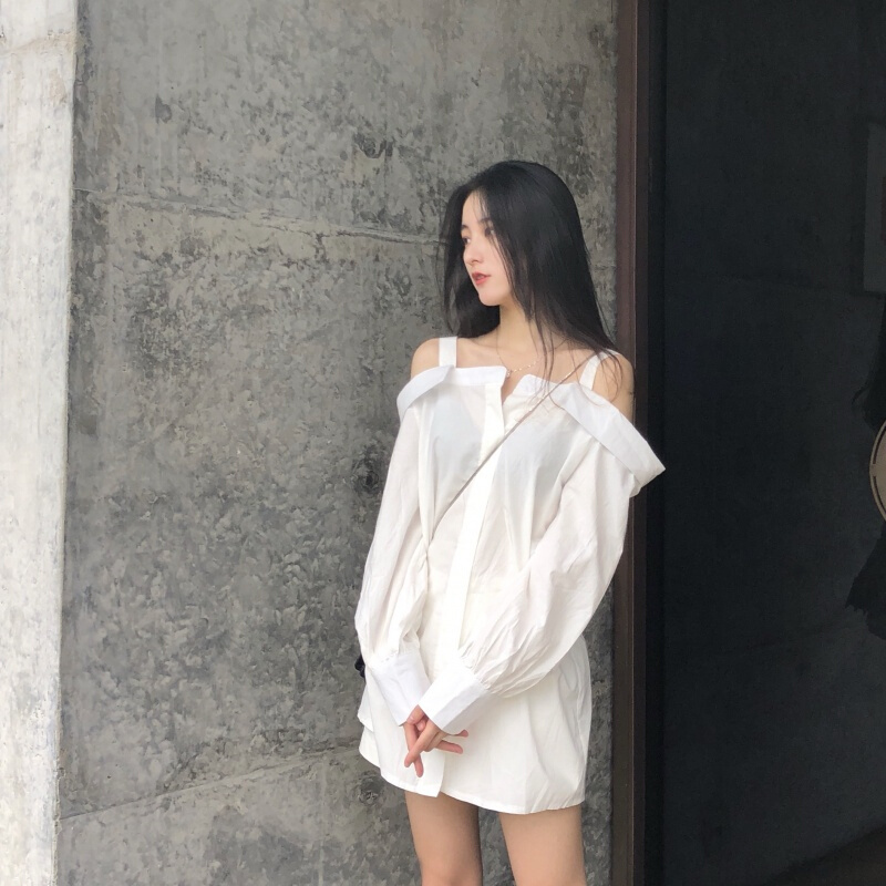 夏季一字领带漏肩长袖衬衫连衣裙女韩版宽松时尚中长款衬衣裙子白色均码