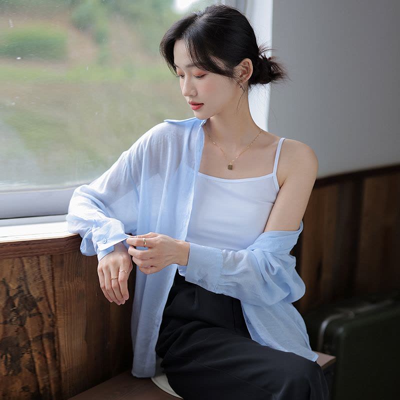 夏季长袖雪纺衬衫防晒衣服女2022年新款韩版宽松开衫薄外套ins潮图片