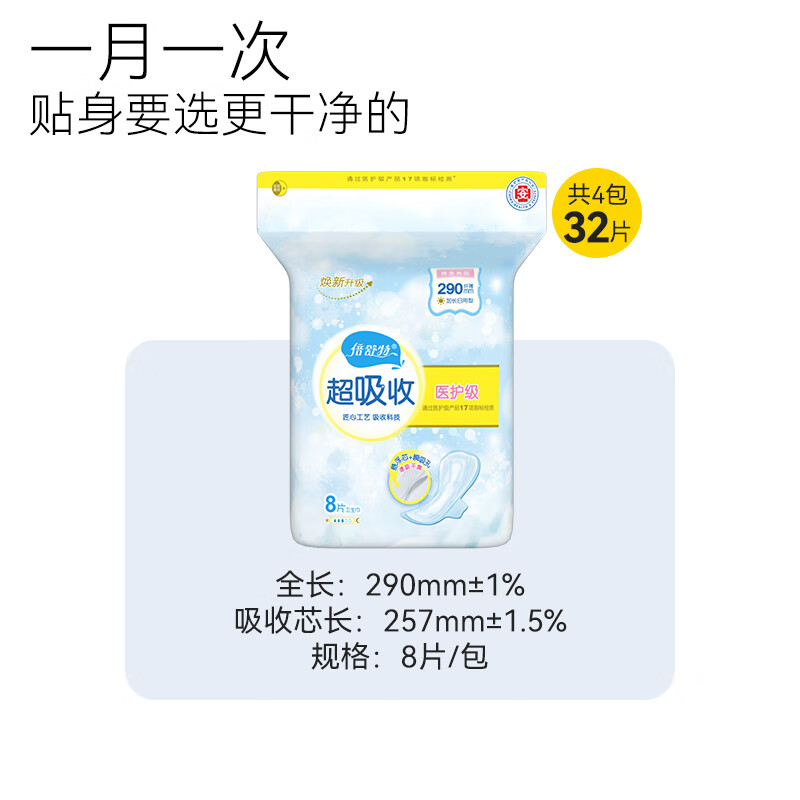 倍舒特 医护级超吸收卫生巾日用组合32片(290mm*8片*4包)棉柔瞬吸防漏 YH16108L4