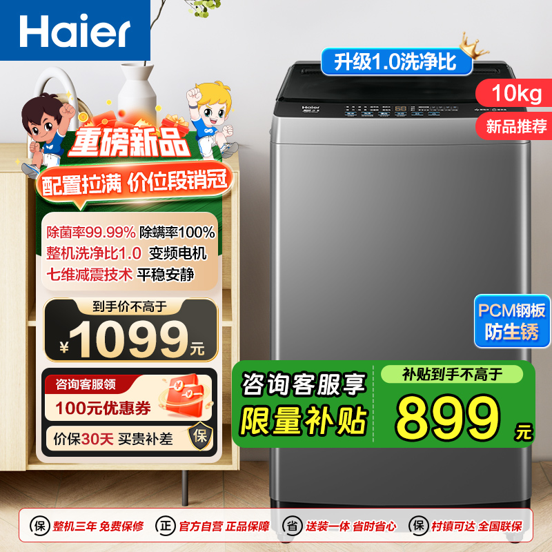 海尔(Haier)10公斤 变频 全自动 波轮洗衣机 1.0洗净比 纳米微泡净 除菌除螨 XQB100-BZ20B0