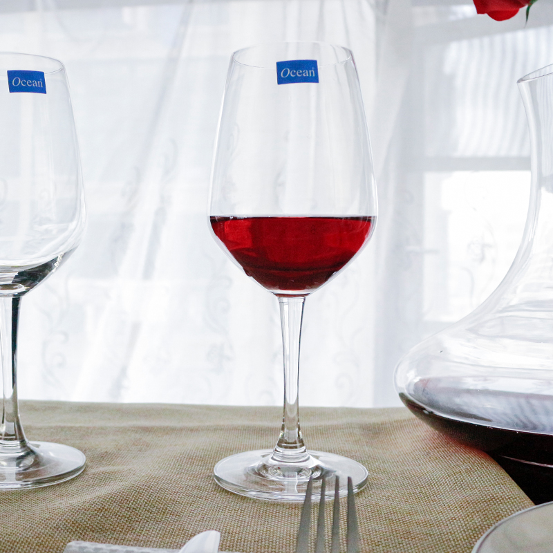Ocean进口无铅玻璃冷切口红酒杯455ML4只配1500ML醒酒器配酒杯架套装高清大图