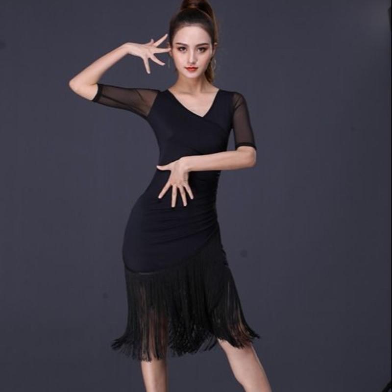 拉丁舞服装成人女连衣裙性感新款成年春夏款流苏裙训练舞蹈练功服黑色