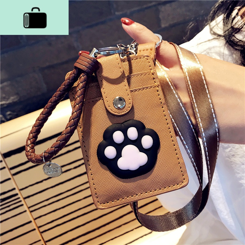 卡通可爱带挂绳卡套公交饭卡学生校园卡保护套乘车交通地铁卡包女NEW LAKE女士钱包/卡包 咖3位贴软黑猫爪-咖+咖绳