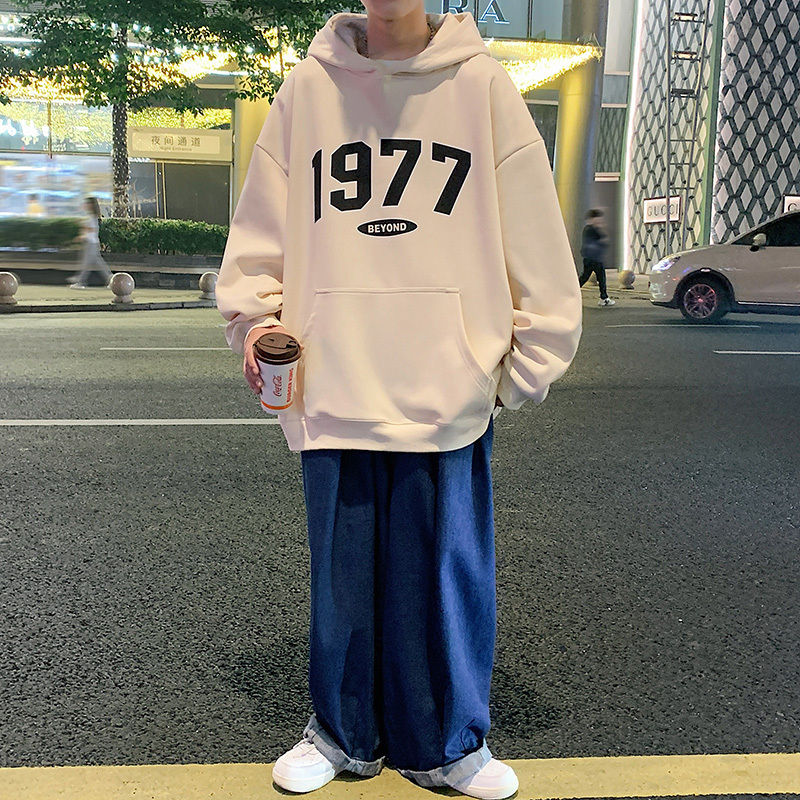 蒙洛里克港风复古灰色数字连帽2023秋冬季卫衣男宽松带帽上衣MYW23-5521