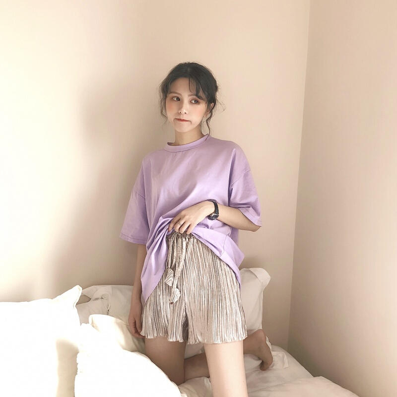 休闲裤女2018夏季韩版chic阔腿裤木耳边百搭海边沙滩宽松舒适短裤图片色