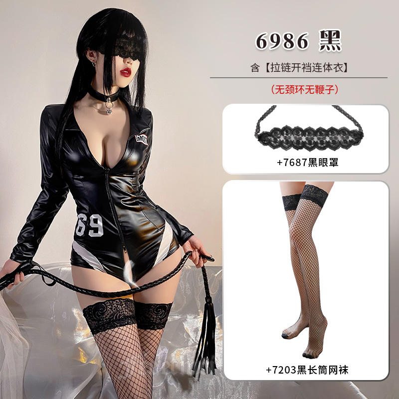 霏慕(Fee et moi)女式情趣睡衣6986 深V拉链连体开裆连体衣 女士情趣内衣成人情趣性用品 连体衣+长筒网袜+眼罩 均码