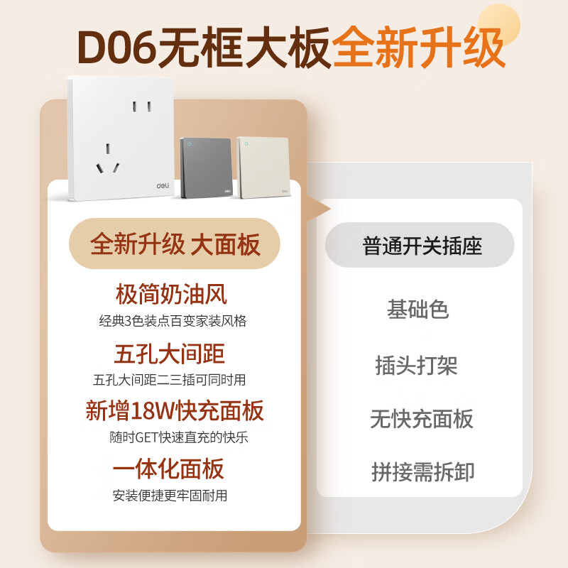 得力开关插座面板家用86型墙壁暗装开关 D06象牙白 二开单控高清大图
