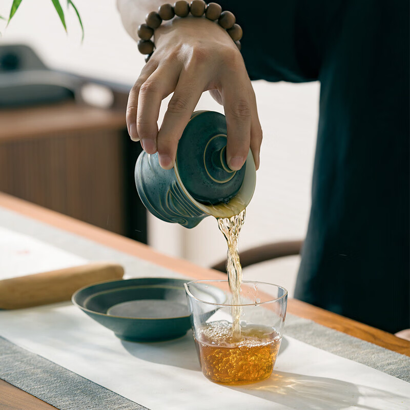 万仟堂(Edenus)盖碗 陶瓷高档防烫三才手抓盖碗泡茶碗功夫茶杯送礼 三星堆联名 绿斑釉(1盖碗1承)高清大图