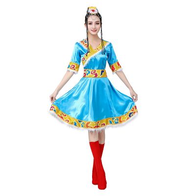 短款天蓝 4XL 女装民族服装演出服舞台装演出服装西藏舞蹈服饰藏族水袖舞蹈长裙
