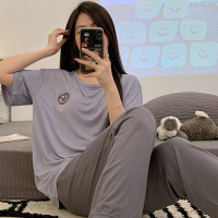 Ceba睡衣女夏季可外穿带胸垫休闲纯色短袖长裤简约家居服两件套 M 06M34801短袖长裤