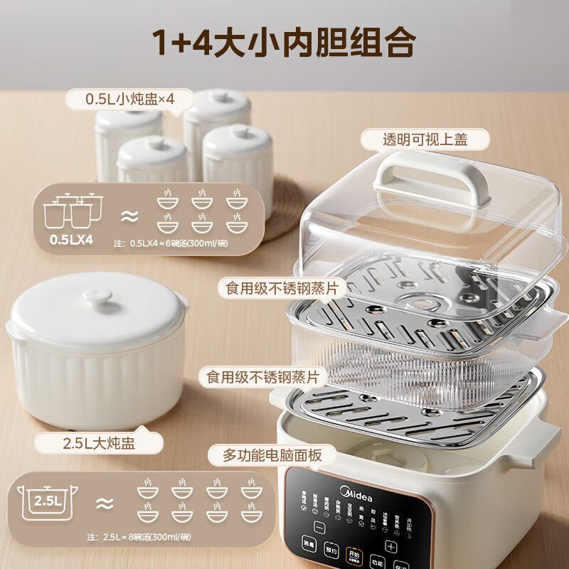 美的(Midea)MD-DZS2502 电炖锅 电炖盅 煲汤炖汤锅 电蒸锅 隔水炖锅婴儿辅食锅 燕窝炖盅 陶瓷三层蒸炖锅高清大图