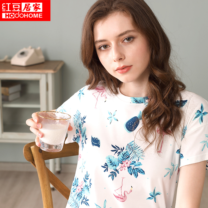 红豆居家(Hodohome) 春夏纯棉短袖清新樱桃印花少女系小清新可外穿家居睡裙
