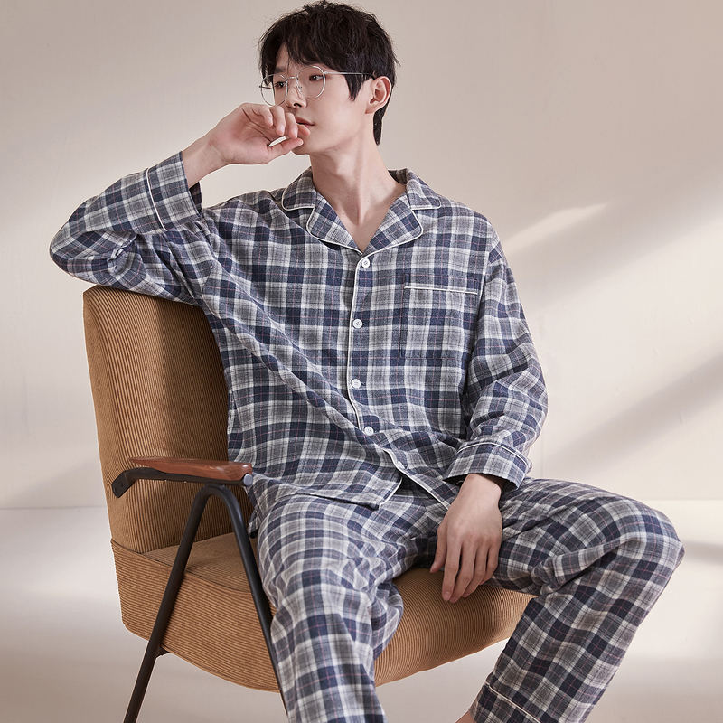 5折价1599元唐狮秋冬新款家居服男长袖长裤两休闲宽松舒适格子睡衣