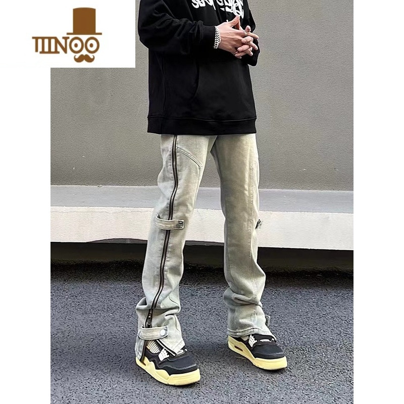 YANXU美式水洗黄泥染侧拉链牛仔裤男vibe风高街宽松直筒排扣开叉长裤洗高清大图