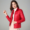 南极人2020冬新款轻薄羽绒服女短款大码修身立领连帽外套反季清仓_969 3XL 红色【立领】