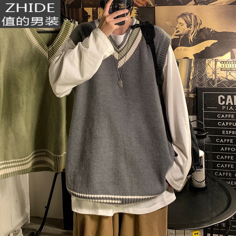 毛衣马甲男韩版潮流个性针织衫背心内搭打底坎肩秋冬马夹保暖无袖 灰色 M