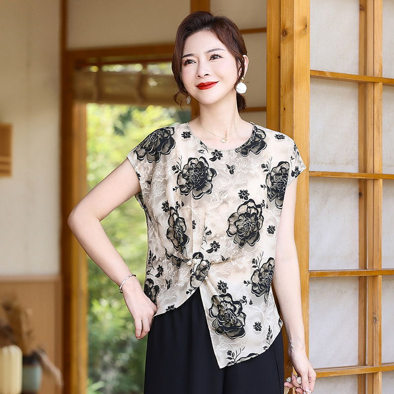 纤孜雅 母亲节中年妈妈休闲套装女时尚洋气减龄小个子夏装上衣T恤两件套高清大图