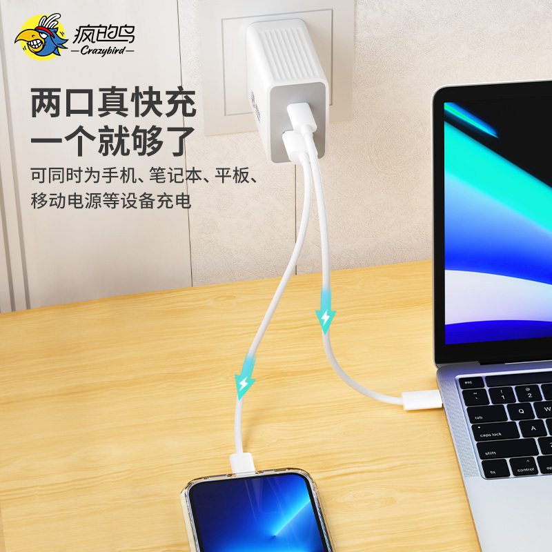 疯的鸟 65W GaN氮化镓充电器双口快充头Type-C接口适用pd苹果14华为小米手机笔记本平板