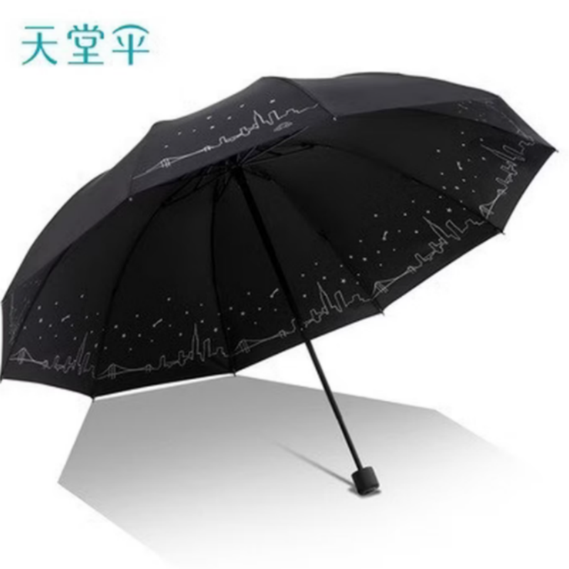 天堂双人晴雨伞三折太阳伞10k钢骨全钢加大加固伞抗风晴雨伞下105CM黑色高清大图
