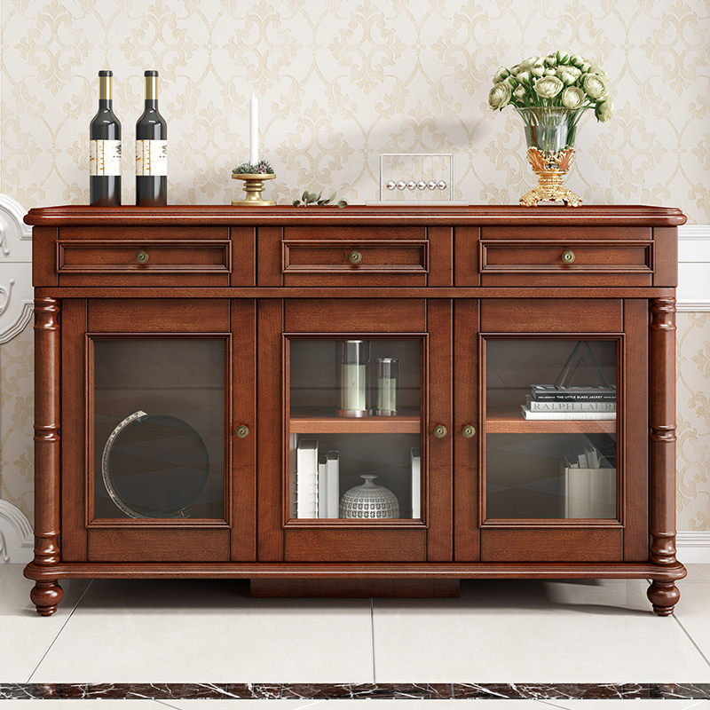 梵宜餐边柜桃花芯实木美式乡村碗碟储物柜玄关柜子8802咖啡色餐边柜