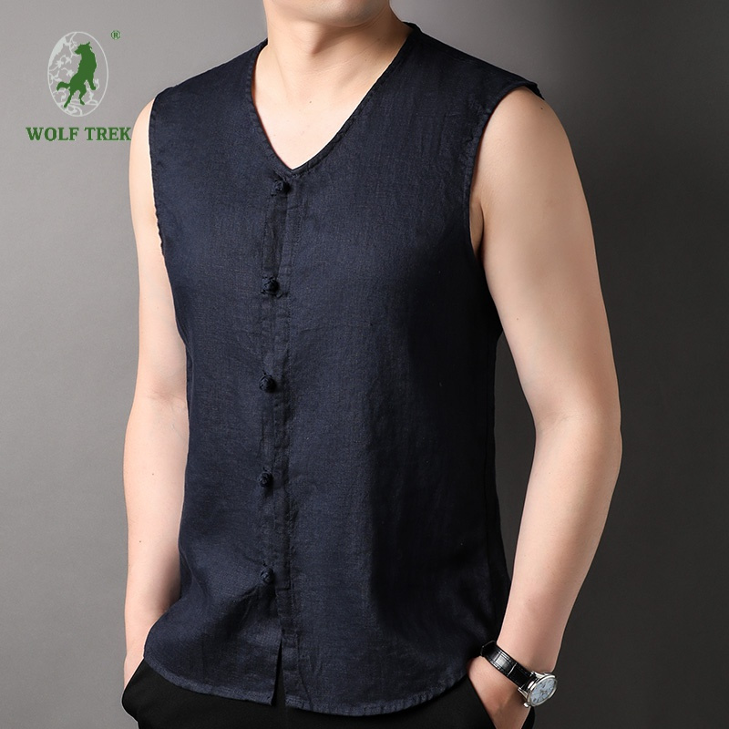 七匹狼国际公司授权wolftrek男士圆领背心马甲纯亚麻无袖坎肩夏季薄款