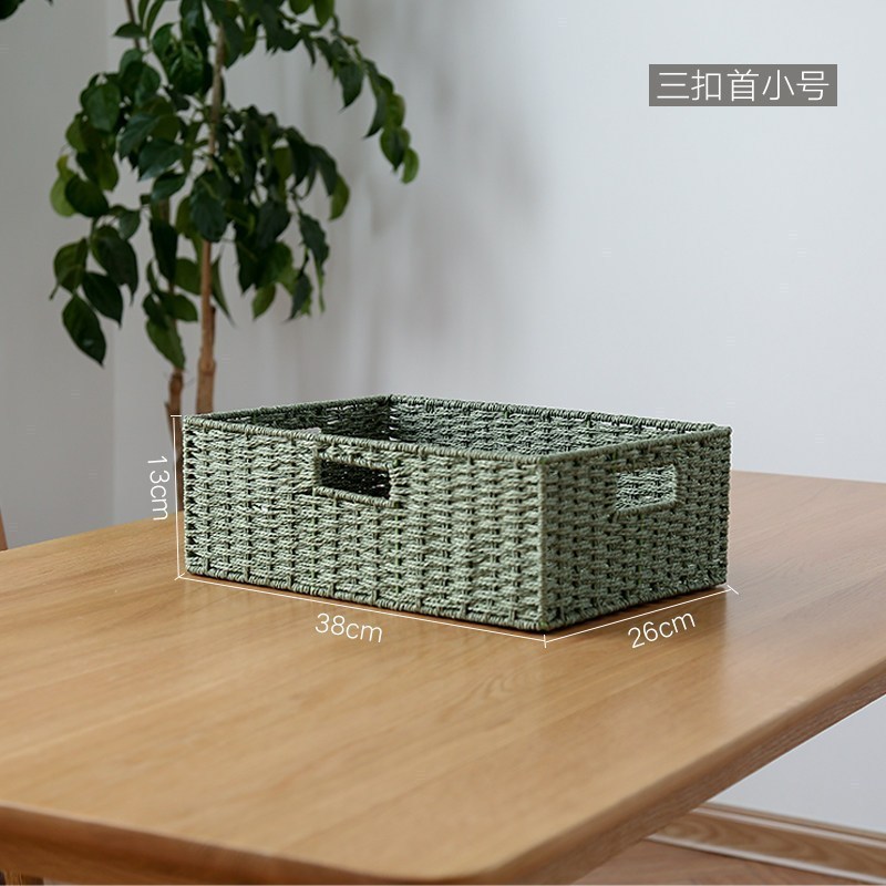 家柏饰(CORATED)收纳筐藤编篮子桌面杂物零食收纳框家用编织储物收纳盒玩具置物篮 浅绿色【小号-三扣-无内衬】