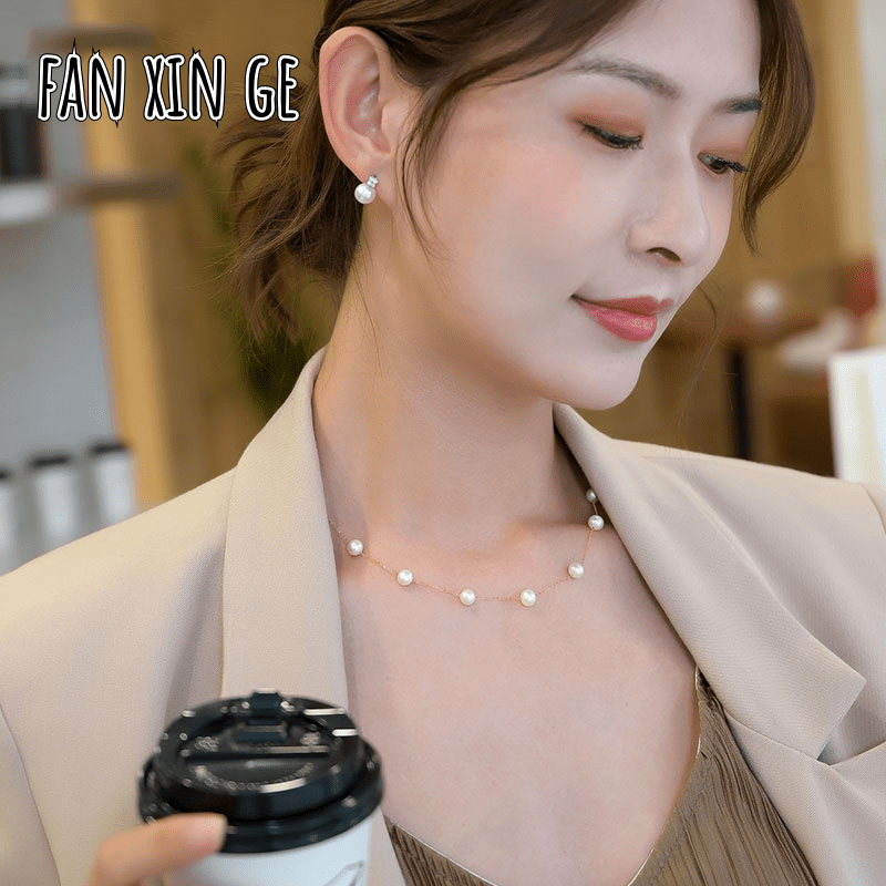 [Fan xin Ge]18K金满天星珍珠项链天然淡水珠颈链正品天然送女友 老婆生日礼品