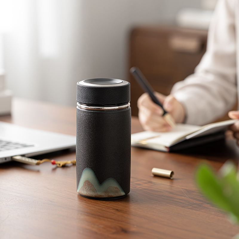 苏氏陶瓷(SUSHI CERAMICS)手绘釉画彩千里江山禅黑保温杯泡茶杯商务文创伴手礼套组