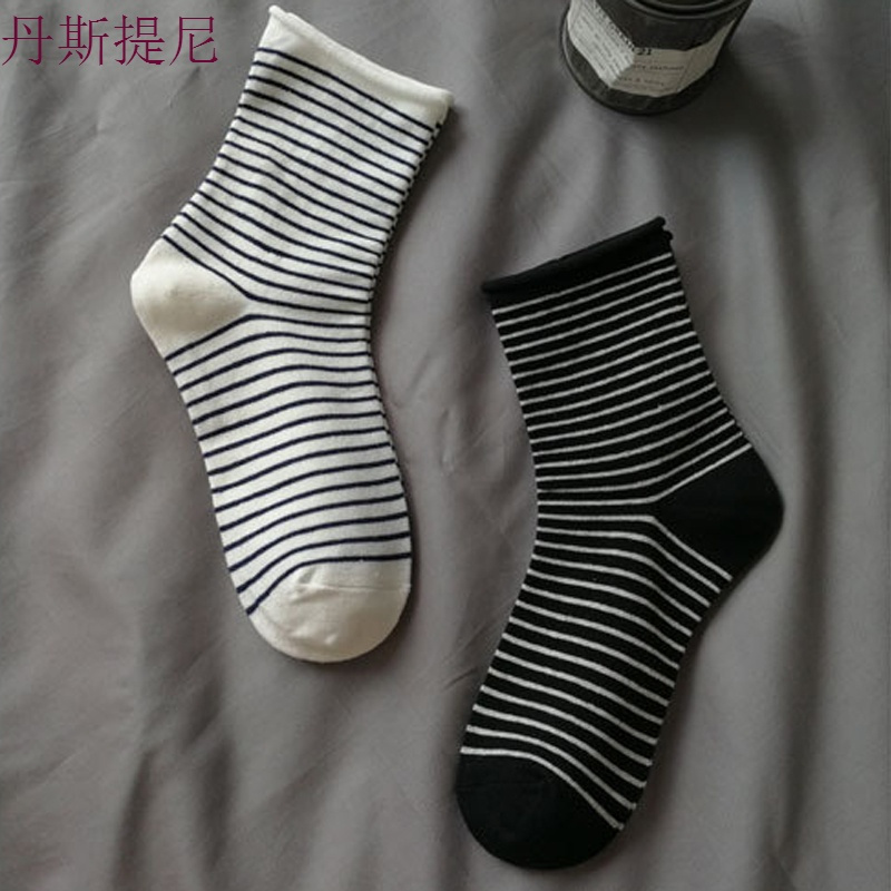 袜子女堆堆袜秋冬新款日系条纹卷边中筒学院风运动纯棉松口女袜