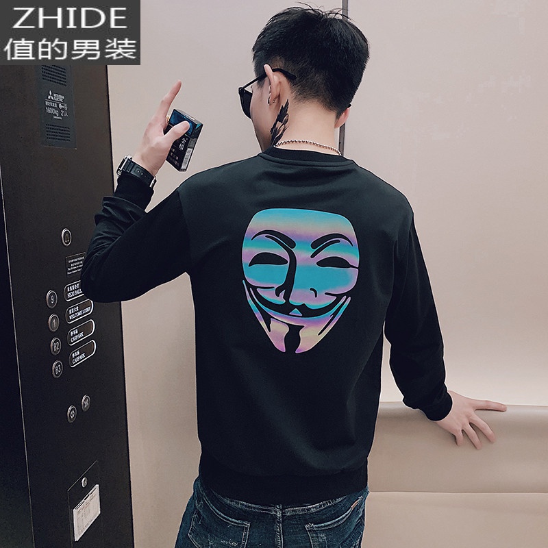 SUNTEK秋季男卫衣t恤打底衫秋衣男装上衣长袖潮流圆领超火网红反光体恤T恤