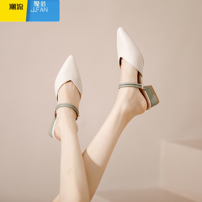 聚范包头凉鞋女款夏季2024年新款尖头粗跟半拖二合一外穿平底懒人单鞋高清大图