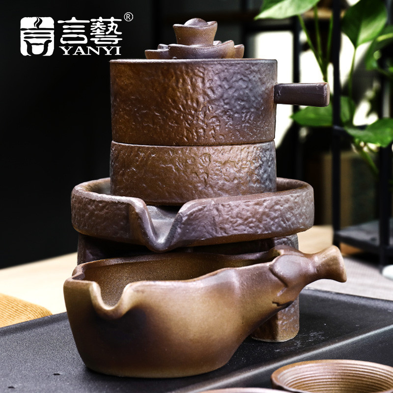 言艺(yanyi) 整套功夫茶具套装 生财有道自动茶具配洛梵干泡盘+黑金刚配雨霖玲铸铁壶
