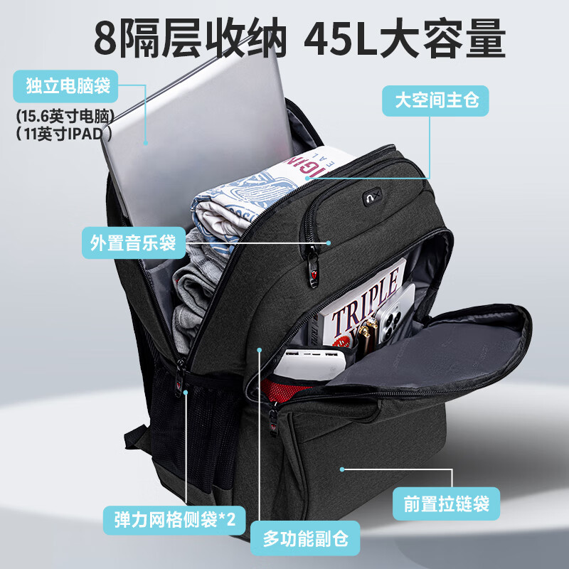 维多利亚旅行者大容量USB充电口双肩包笔记本电脑包背包906 黑17.3英寸高清大图