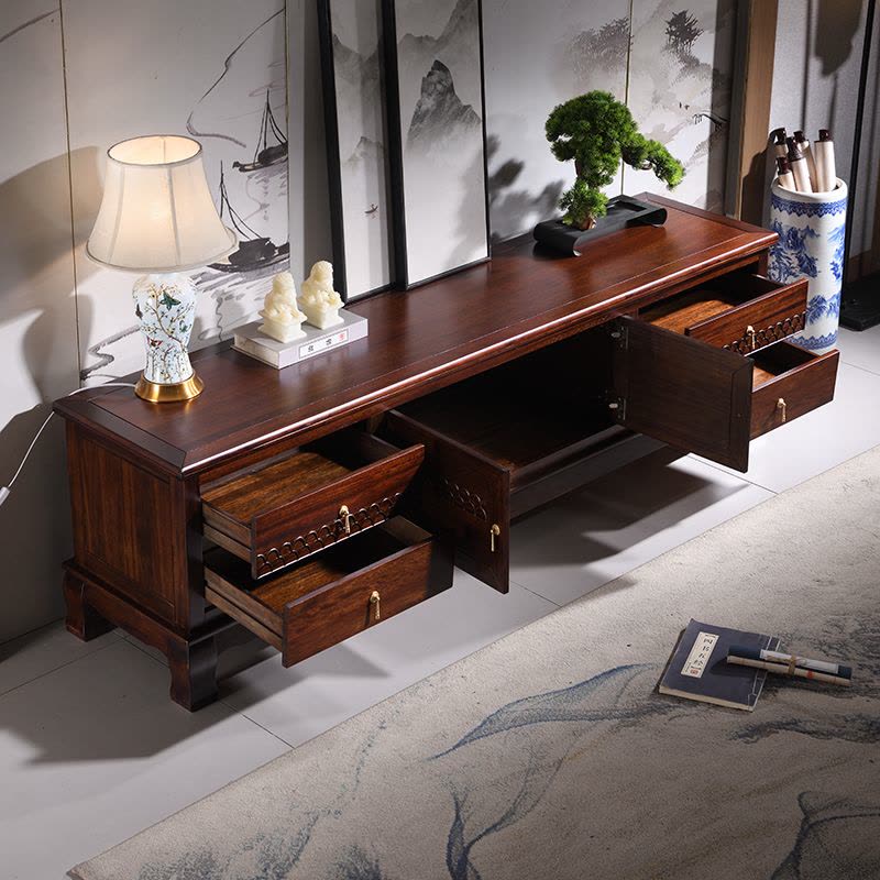 青木川 新中式仿古实木电视柜落地2025新款小户型客厅农村家用乌金木雕花成品整装矮柜储物柜影视柜视听柜图片