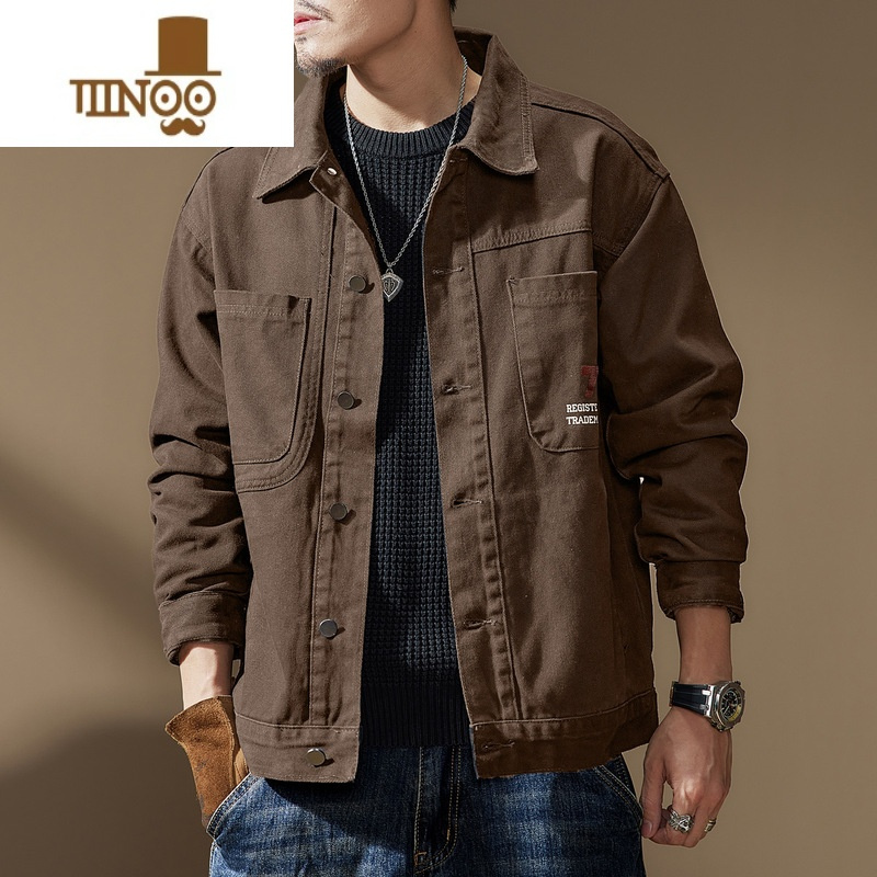 YANXU高端美式黑色工装夹克男新款宽松衬衫休闲牛仔猎装外套男