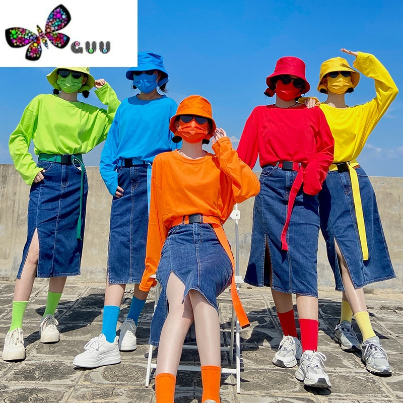 语娄秋季多巴胺穿搭团体闺蜜装姐妹套装班服宽松长袖糖果色t恤女